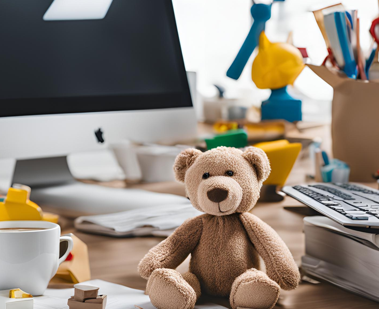 childrens toys scattered across a work desk with a laptop and cup of coffee